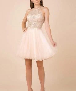 Nox Anabel - E696 Lace Halter A-Line Short Dress