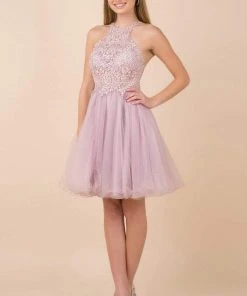 Nox Anabel - E696 Lace Halter A-Line Short Dress