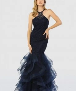 Nox Anabel - M189 Beaded Lace Halter Ruffled Mermaid Dress