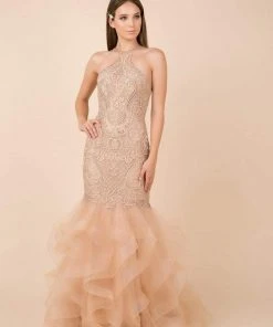 Nox Anabel - M189 Beaded Lace Halter Ruffled Mermaid Dress