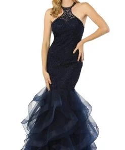 Nox Anabel - M189 Beaded Lace High Halter Tulle Mermaid Gown