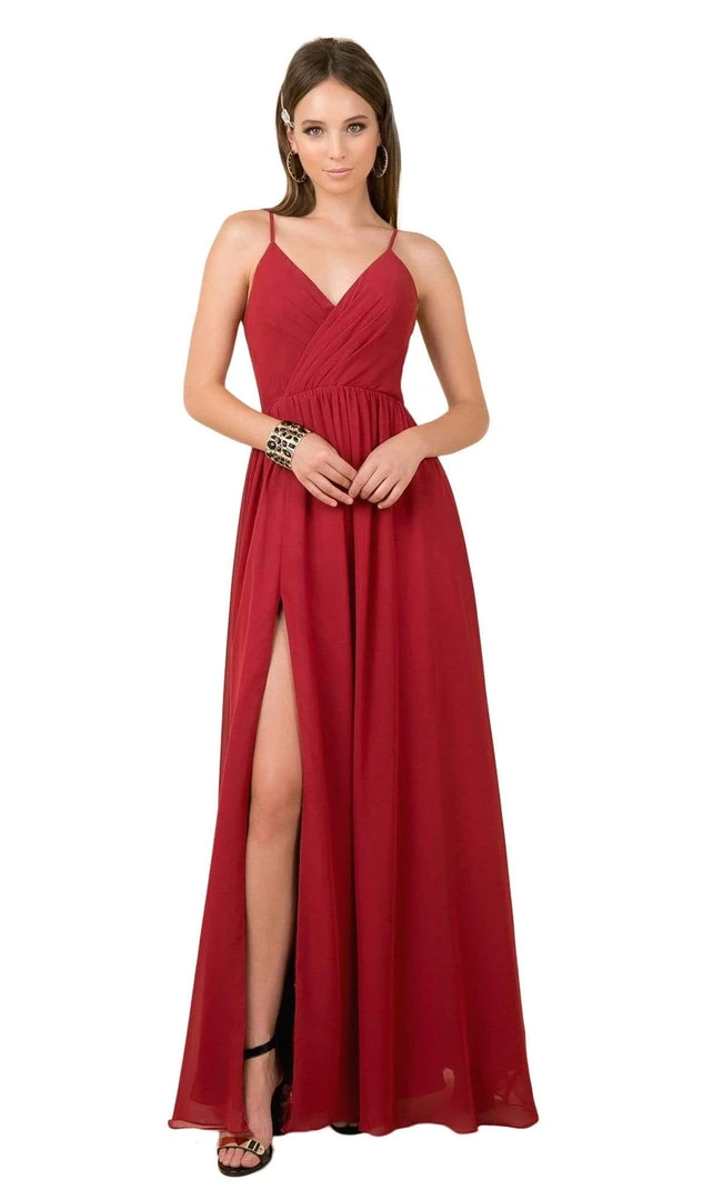 Nox Anabel - R275 Plunging V-neck A-line Dress With Slit 3 Nox Anabel - R275 Plunging V-neck A-line Dress With Slit