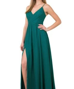 Nox Anabel - R275 Plunging V-neck A-line Dress With Slit 10 Nox Anabel - R275 Plunging V-neck A-line Dress With Slit