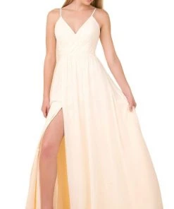 Nox Anabel - R275 Plunging V-neck A-line Dress With Slit 12 Nox Anabel - R275 Plunging V-neck A-line Dress With Slit