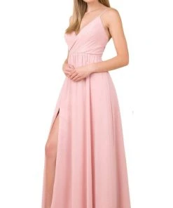 Nox Anabel - R275 Plunging V-neck A-line Dress With Slit 13 Nox Anabel - R275 Plunging V-neck A-line Dress With Slit