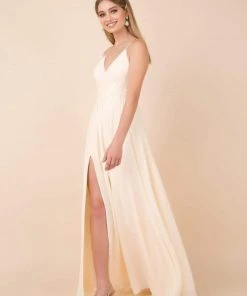 Nox Anabel - R275P Plunging V-neck A-line Dress With Slit 17 Nox Anabel - R275P Plunging V-neck A-line Dress With Slit