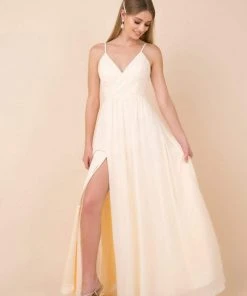 Nox Anabel - R275P Plunging V-neck A-line Dress With Slit 15 Nox Anabel - R275P Plunging V-neck A-line Dress With Slit