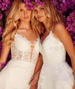 Nox Anabel R700 - Embroidered Plunging V-neck Short Dress