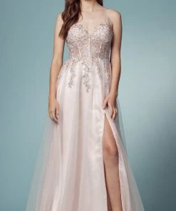 Nox Anabel S1015 - V-Neck Corset Evening Gown