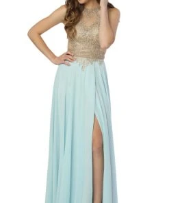 Nox Anabel - S202 Gilded Halter A-line Dress With Slit