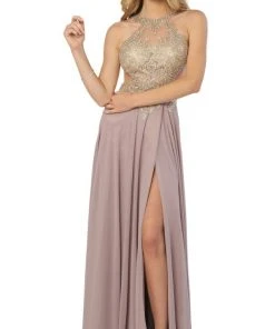 Nox Anabel - S202 Gilded Halter A-line Dress With Slit