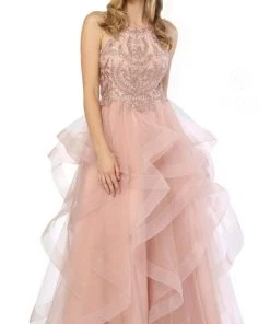 Nox Anabel - S266 Embellished Halter Ruffled A-line Dress