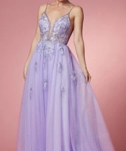 Nox Anabel T1012 - V-Neck Embellished Prom Gown