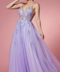 Nox Anabel T1012 - V-Neck Embellished Prom Gown