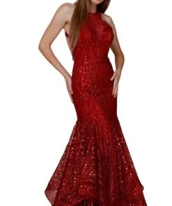Nox Anabel - T153 Rhinestone Accented Illusion Halter Mermaid Dress