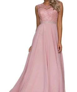 Nox Anabel - Y101P Embroidered Jewel Neck Chiffon A-line Dress