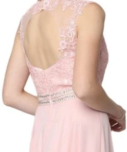 Nox Anabel - Y101P Embroidered Jewel Neck Chiffon A-line Dress