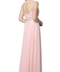 Nox Anabel - Y101P Embroidered Jewel Neck Chiffon A-line Dress