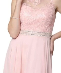 Nox Anabel - Y101P Embroidered Jewel Neck Chiffon A-line Dress