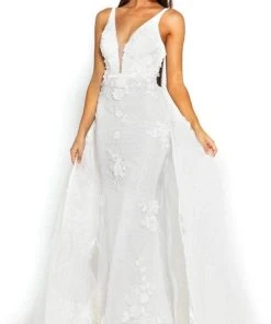 Portia And Scarlett - PS1965S V Neck Floral Appliqued Overskirt Gown