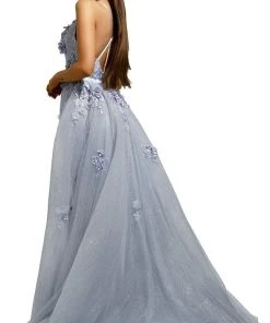 Portia And Scarlett - PS1965S V Neck Floral Appliqued Overskirt Gown