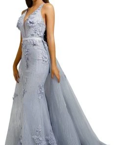 Portia And Scarlett - PS1965S V Neck Floral Appliqued Overskirt Gown