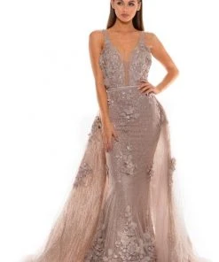 Portia And Scarlett - PS1965S V Neck Floral Appliqued Overskirt Gown