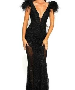 Portia And Scarlett PS1986 - Feather Ornate Paneled Prom Dress