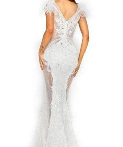 Portia And Scarlett PS1986 - Feather Ornate Paneled Prom Dress