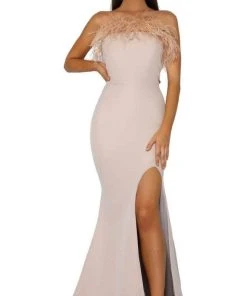 Portia And Scarlett PS2026 - Feather Trimmed Prom Dress With Slit