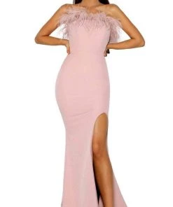 Portia And Scarlett PS2026 - Feather Trimmed Prom Dress With Slit