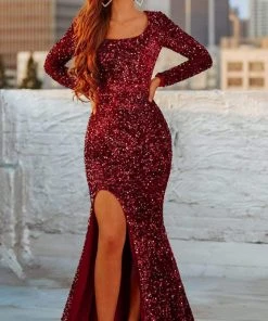 Portia And Scarlett - PS21031 Long Sleeve Slit Sequin Mermaid Gown