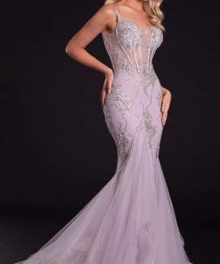 Portia And Scarlett - PS21104 Sequined V Neck Mermaid Dress With Train 12 Portia And Scarlett - PS21104 Sequined V Neck Mermaid Dress With Train