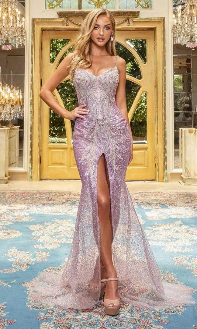 Portia And Scarlett - Ps22962 Thin Strapped Glittery Midslit Gown 3 Portia And Scarlett - Ps22962 Thin Strapped Glittery Midslit Gown