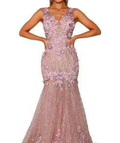 Portia And Scarlett - PS6002 Floral V-Neck Trumpet Prom Gown