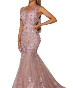 Portia And Scarlett - PS6002 Floral V-Neck Trumpet Prom Gown 7 Portia And Scarlett - PS6002 Floral V-Neck Trumpet Prom Gown