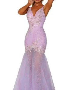 Portia And Scarlett - PS6016 Embroidered Plunging V-Neck Trumpet Dress