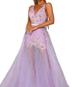 Portia And Scarlett - PS6016S Embroidered V-Neck Dress With Overskirt 13 Portia And Scarlett - PS6016S Embroidered V-Neck Dress With Overskirt