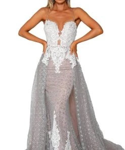 Portia And Scarlett - PS6022 Lace-Up Open Back Glitter Overskirt Gown