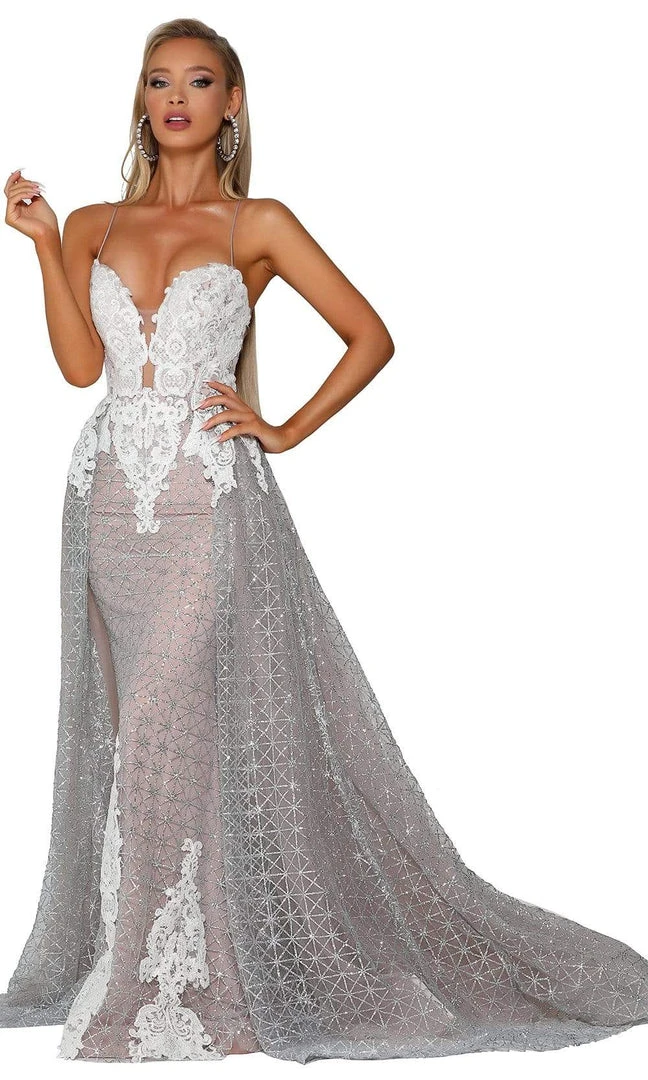 Portia And Scarlett - PS6022 Lace-Up Open Back Glitter Overskirt Gown 5 Portia And Scarlett - PS6022 Lace-Up Open Back Glitter Overskirt Gown