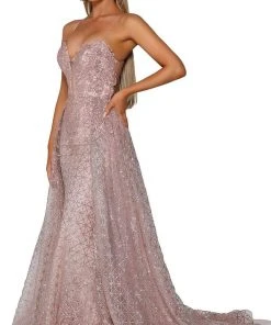 Portia And Scarlett - PS6022 Lace-Up Open Back Glitter Overskirt Gown 14 Portia And Scarlett - PS6022 Lace-Up Open Back Glitter Overskirt Gown