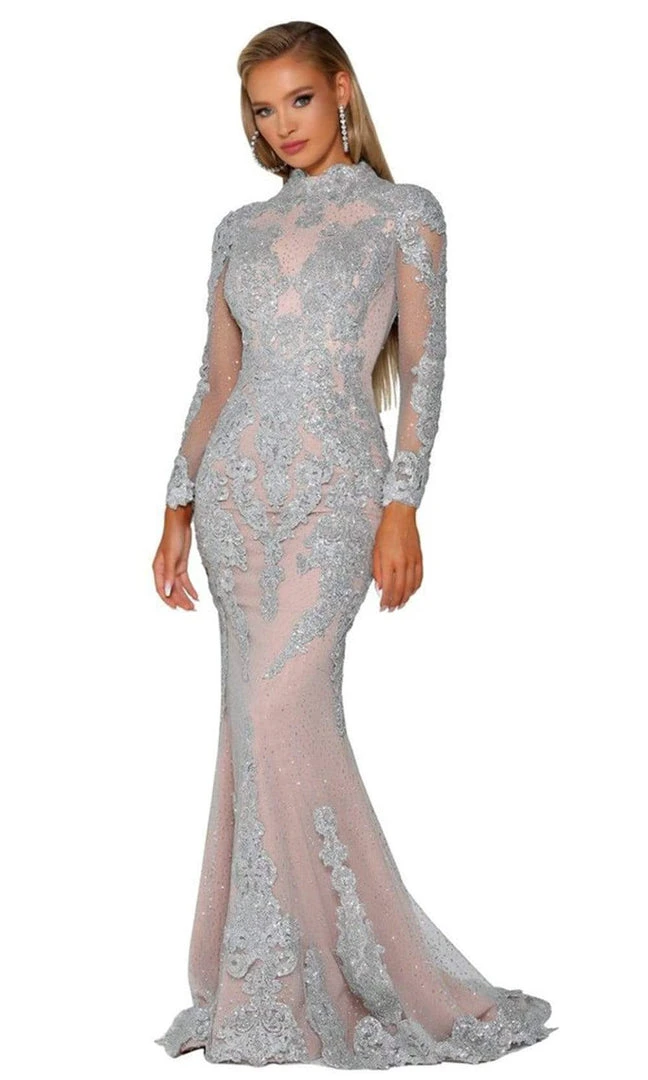 Portia And Scarlett - PS6024 Glittering Long Sleeve Trumpet Gown 5 Portia And Scarlett - PS6024 Glittering Long Sleeve Trumpet Gown