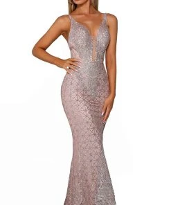 Portia And Scarlett - PS6027 Illusion Plunging Neck Glitter Mesh Gown
