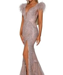 Portia And Scarlett - PS6072 Feathered V-Neck Prom Gown 15 Portia And Scarlett - PS6072 Feathered V-Neck Prom Gown