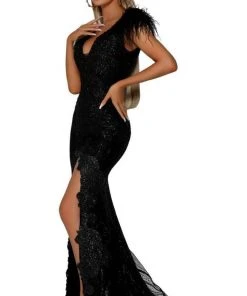 Portia And Scarlett - PS6072 Feathered V-Neck Prom Gown 14 Portia And Scarlett - PS6072 Feathered V-Neck Prom Gown