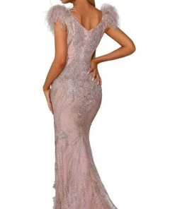 Portia And Scarlett - PS6072 Feathered V-Neck Prom Gown 16 Portia And Scarlett - PS6072 Feathered V-Neck Prom Gown