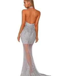 Portia And Scarlett - PS6084 Illusion Halter Appliqued Mermaid Gown
