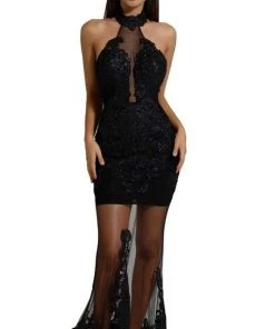 Portia And Scarlett - PS6084 Illusion Halter Appliqued Mermaid Gown