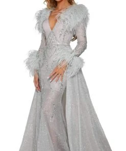 Portia And Scarlett - PS6092 Long Sleeve Feather Fringe Overskirt Gown