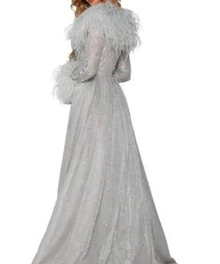 Portia And Scarlett - PS6092 Long Sleeve Feather Fringe Overskirt Gown